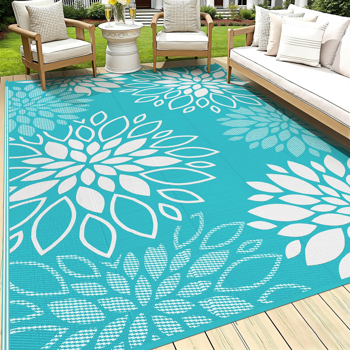 HEBE Waterproof Outdoor Rug 5'x8', Geometric Reversible Plastic Patio Rug