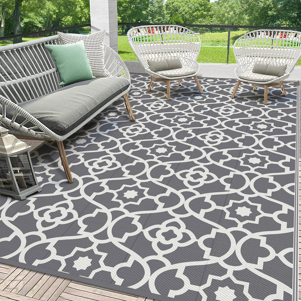 HEBE Waterproof Outdoor Rug 5'x8', Geometric Reversible Plastic Patio Rug