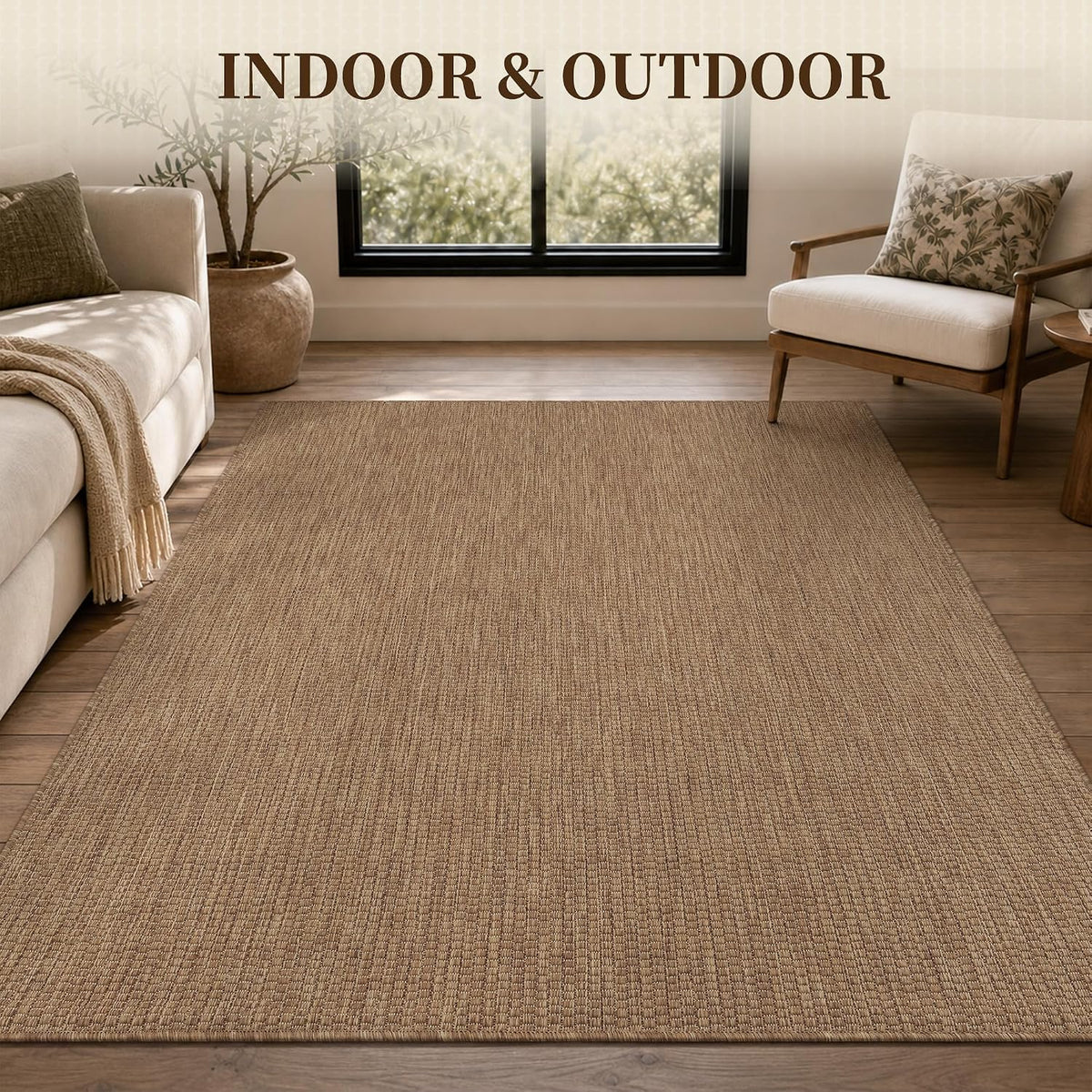 PADOOR-Outdoor Rug-Patio Rug 5x7 ft Polypropylene Indoor Outdoor Rugs Outdoor Carpet for Patio Deck Balcony Porch, Textured Weave, Durable for High Traffic, Fade-Resistant, Modern Neutral Brown