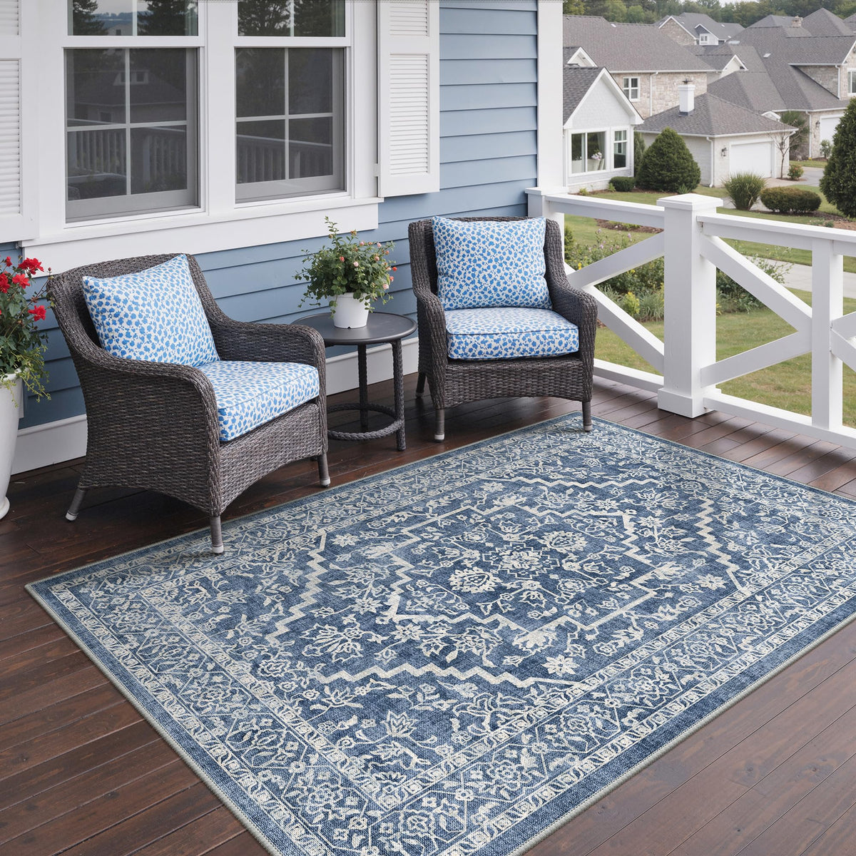 GENIMO 5x8 Outdoor Rug, Washable for Patio and Deck, Navy Blue & Ivory