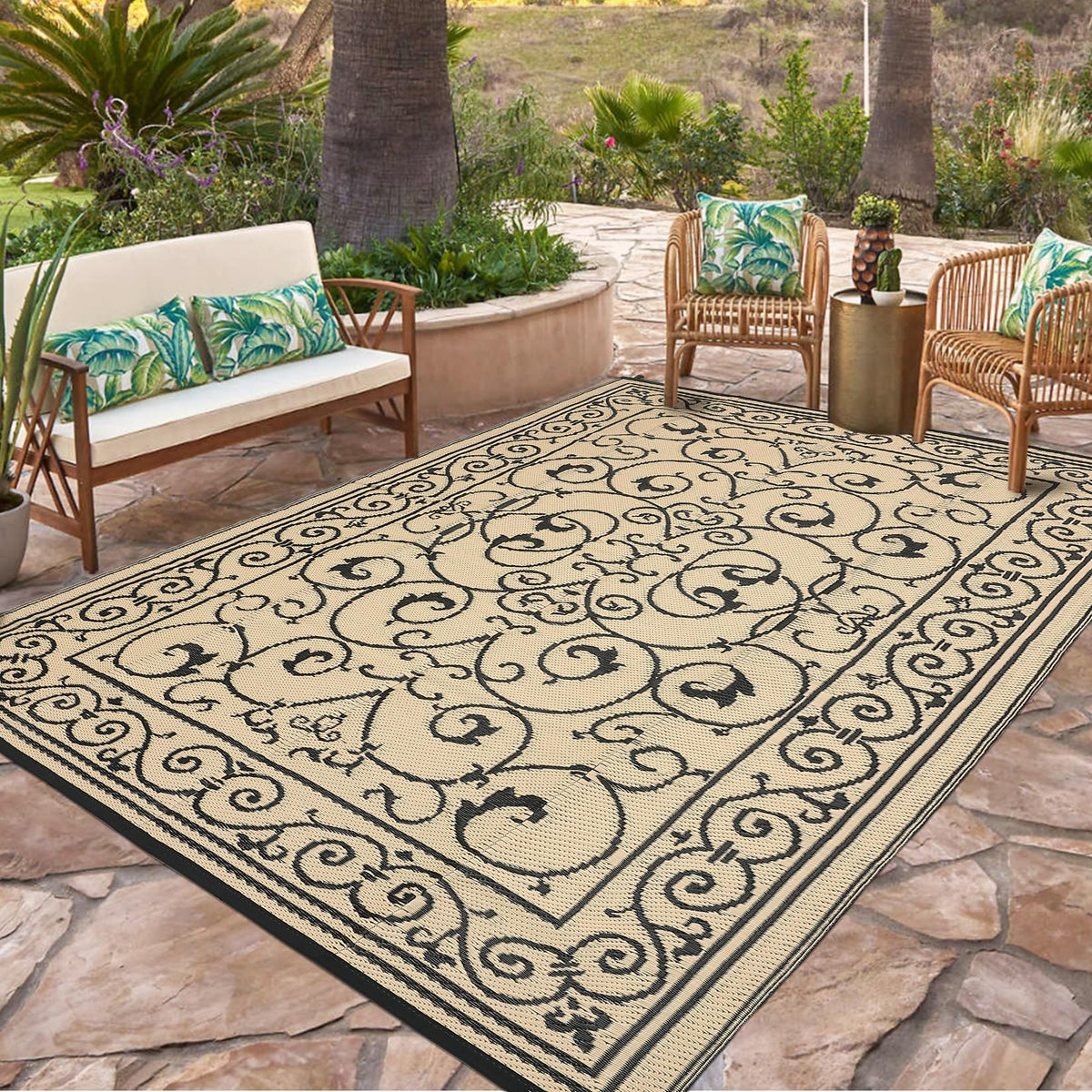Garvee 9x12 Outdoor Patio Rug Plastic Straw Rug Waterproof Panel Grey Brown