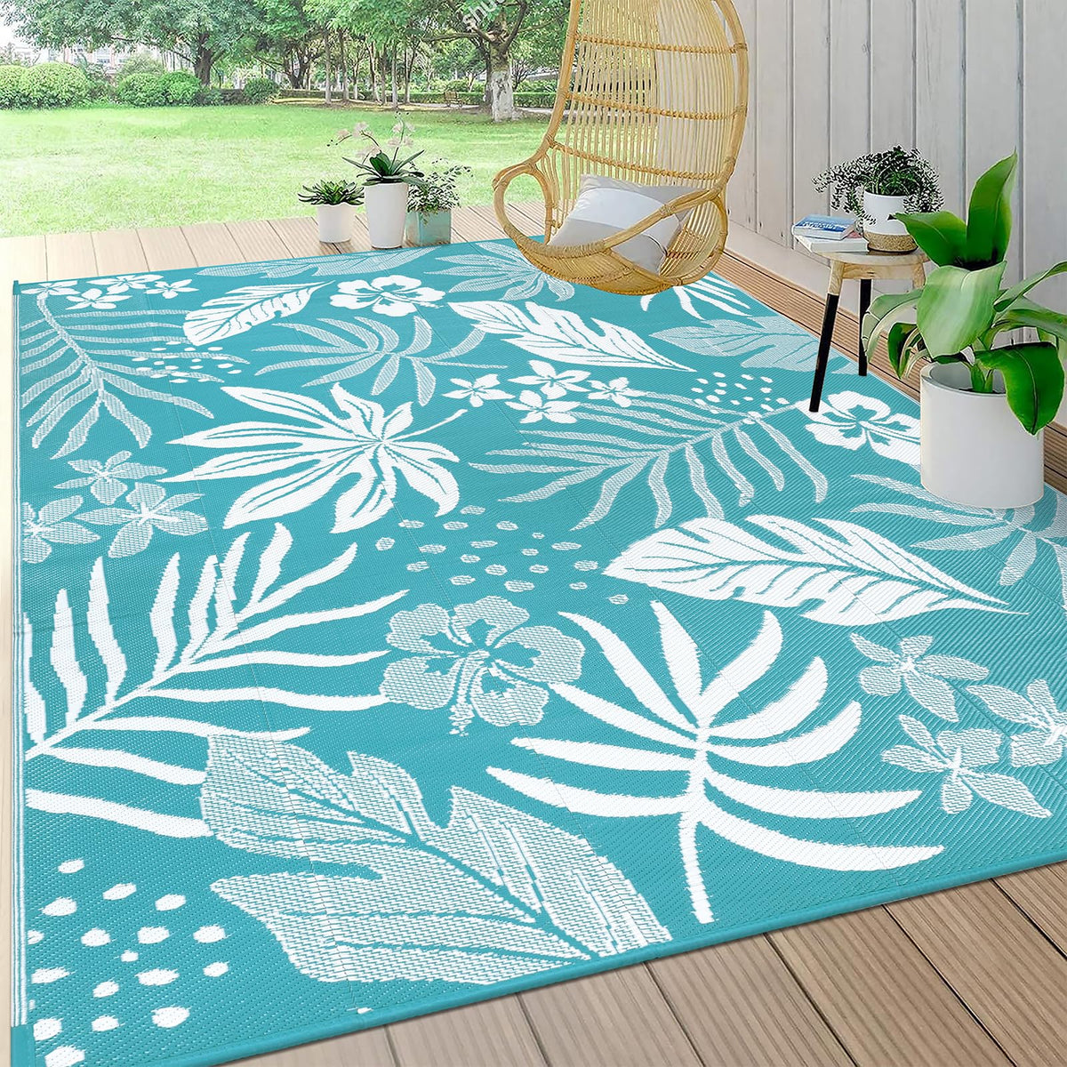 Pauwer Waterproof Outdoor Rug 5x8, Plastic Straw Patio Rug, Leaf Brown