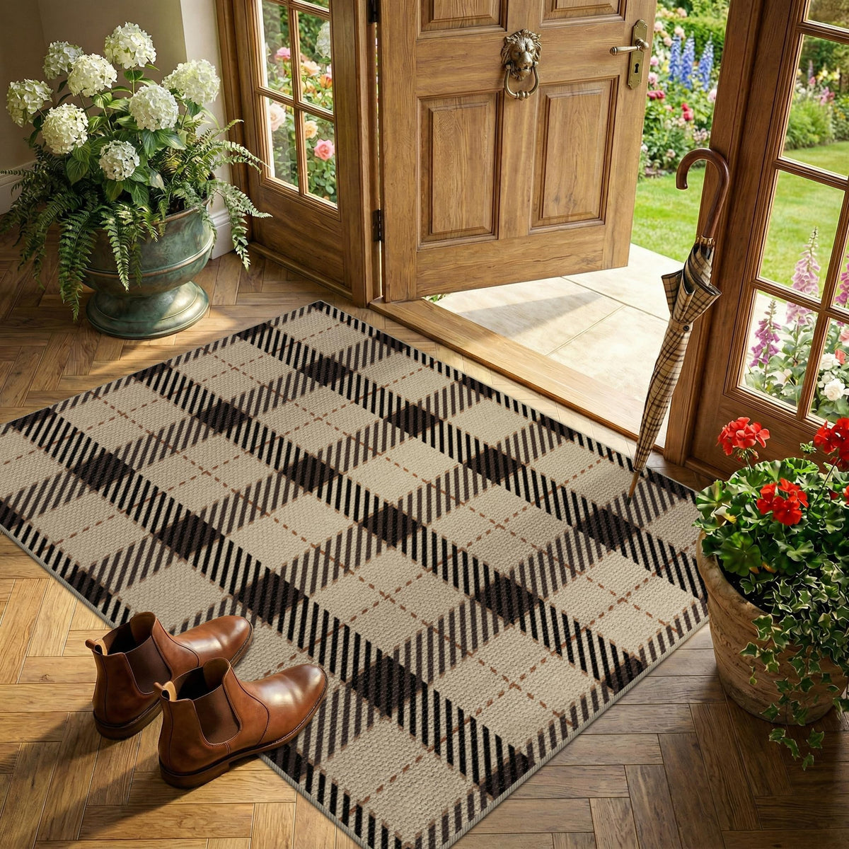 JTJ Easy Jute 3x5 Outdoor Rug for Front Porch, Washable Sage Green Plaid