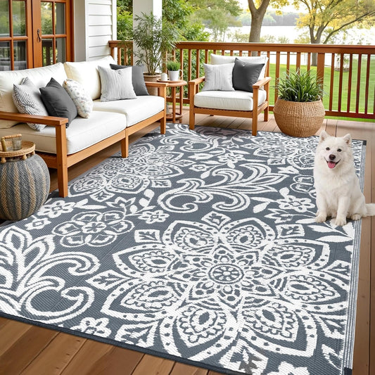 Findosom Waterproof Outdoor Rug 6' x 9' - Reversible Mandala Outdoor Plastic Straw Rug, Durable Foldable Patio Rug for RV, Deck, Balcony, Backyard, Picnic, Porch, Camping, Beach, Gray