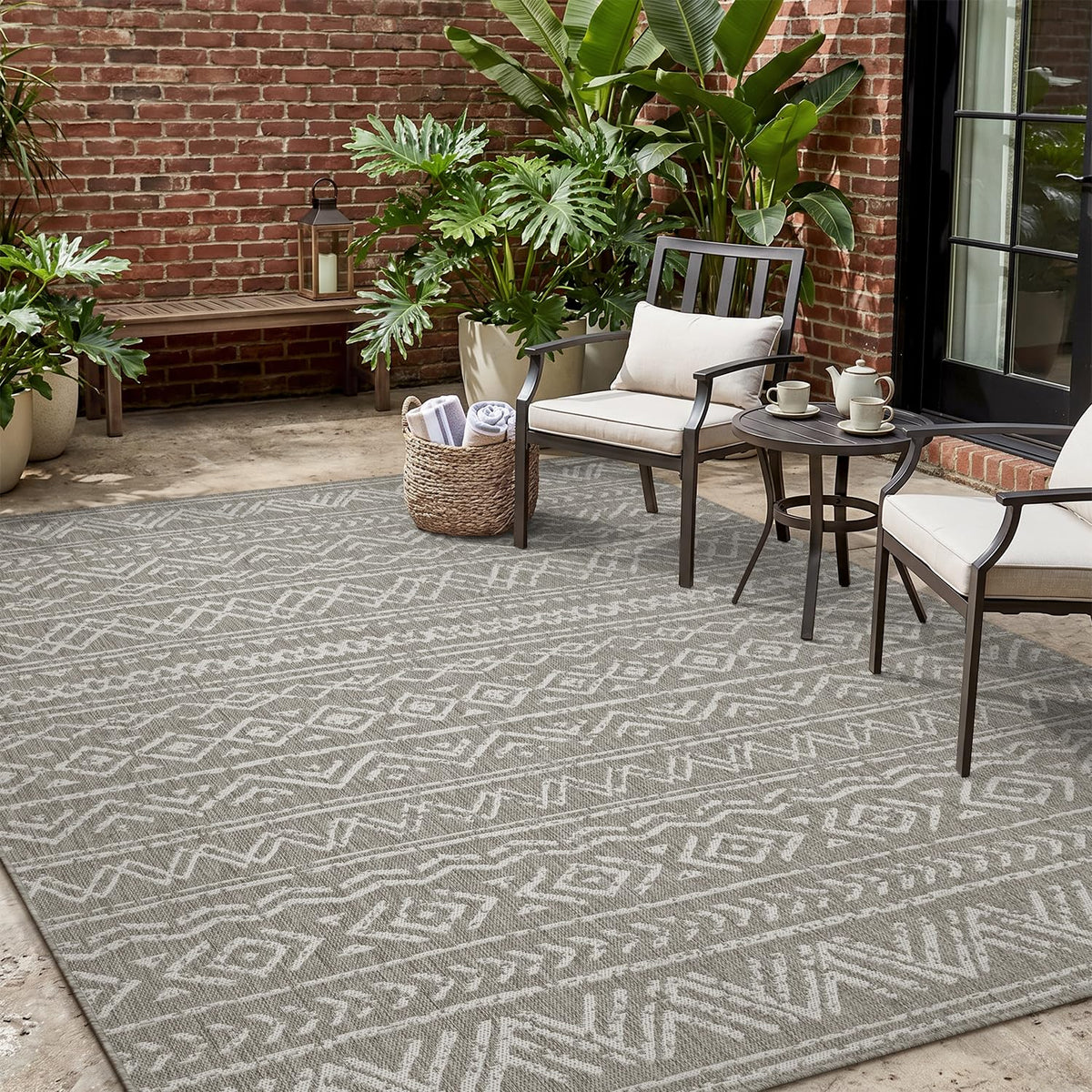 MontVoo-Outdoor Rug-Patio Rug 5x7 Polypropylene Indoor Outdoor Rugs Outdoor Carpet for Patio Deck Balcony Porch, Textured Weave, Durable for High Traffic, Fade-Resistant, Boho Farmhouse Neutral Brown