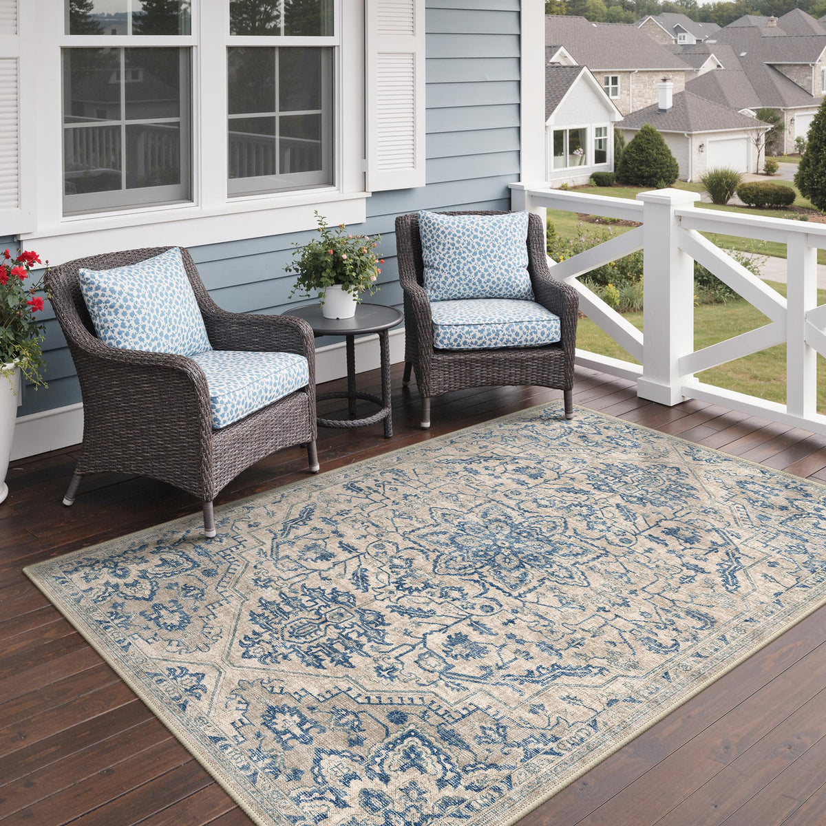 GENIMO 5x8 Outdoor Rug, Washable for Patio and Deck, Navy Blue & Ivory