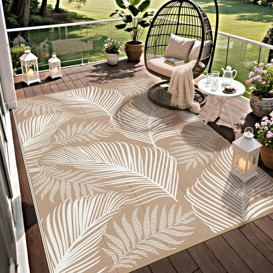 Pauwer Waterproof Outdoor Rug 5x8, Plastic Straw Patio Rug, Leaf Brown