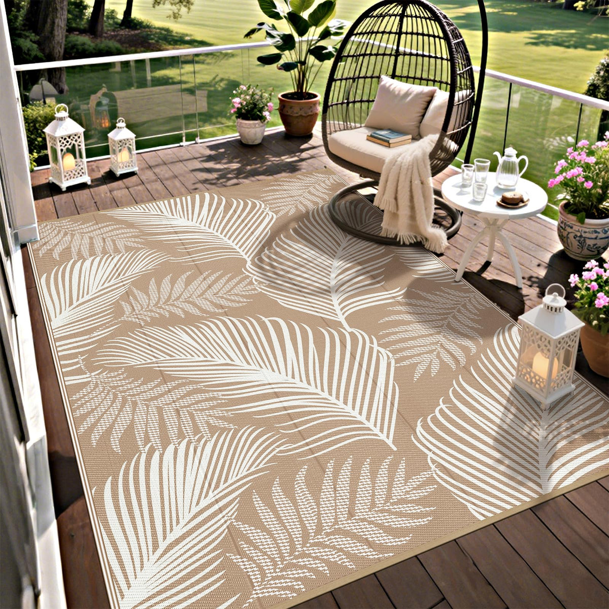 Pauwer Waterproof Outdoor Rug 5x8, Plastic Straw Patio Rug, Leaf Brown