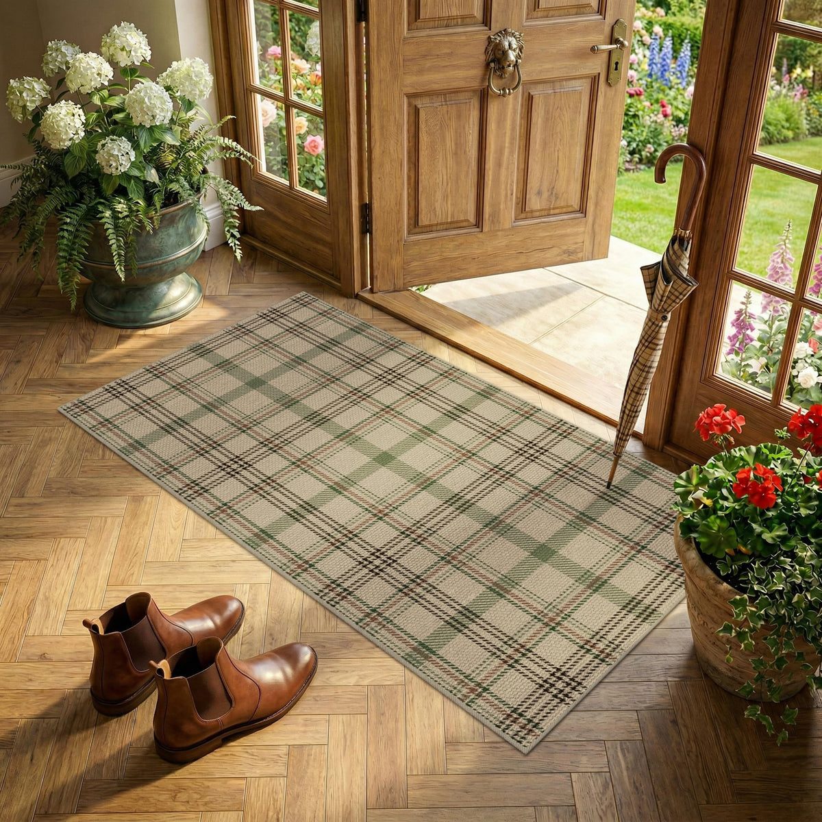 JTJ Easy Jute 3x5 Outdoor Rug for Front Porch, Washable Sage Green Plaid