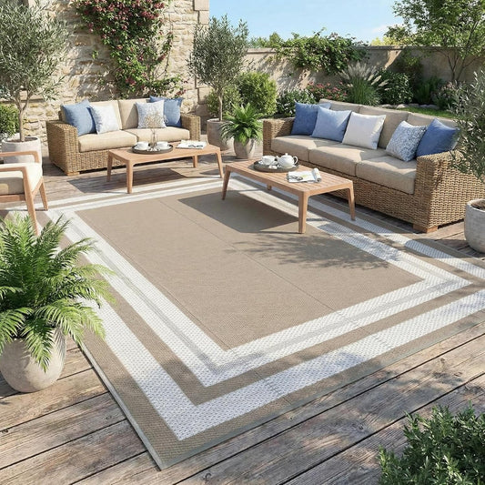 Garvee 9x12 Outdoor Patio Rug Plastic Straw Rug Waterproof Panel Grey Brown