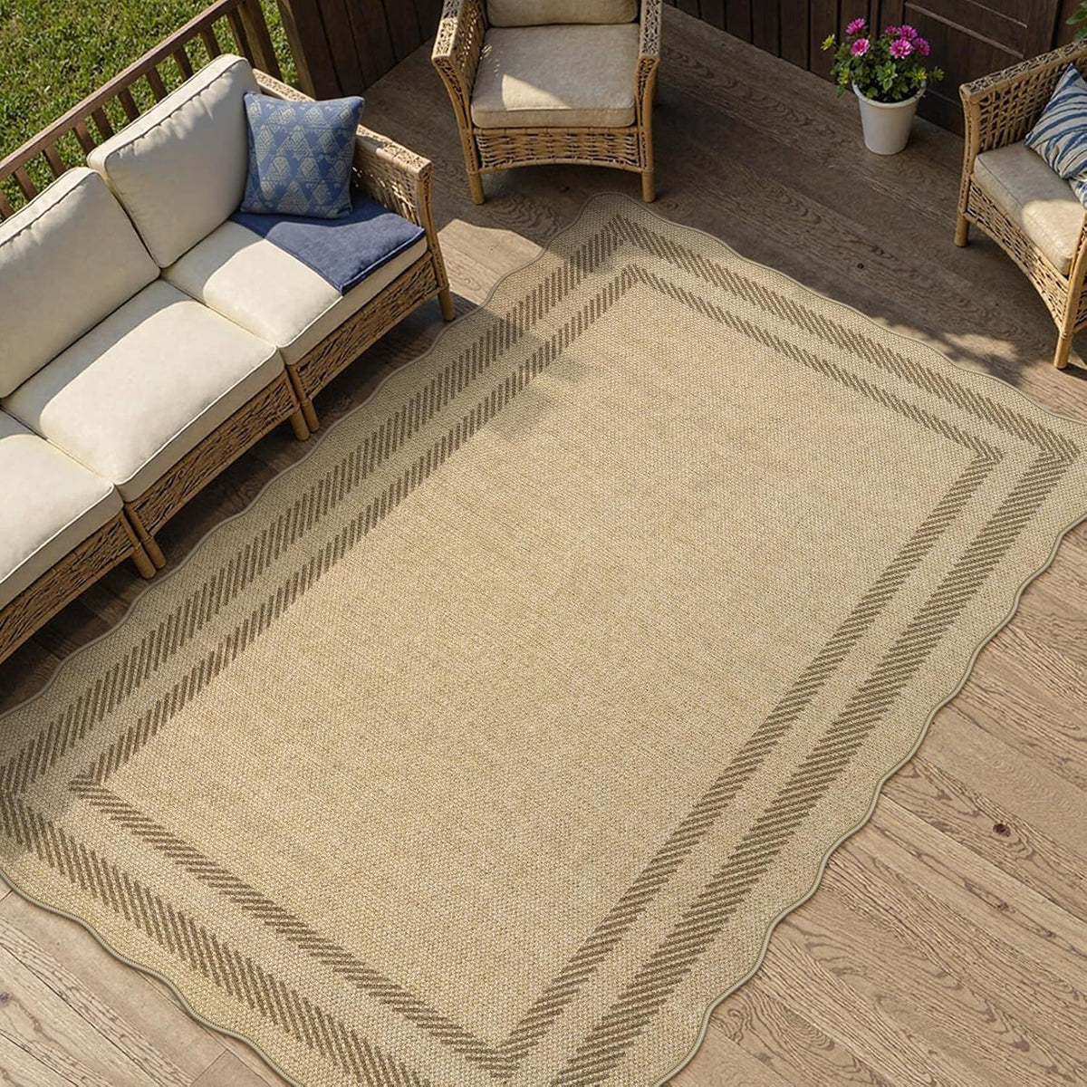 LIVEBOX Scalloped Easy Jute 3x5 Outdoor Rug, Washable Non-Slip Geometric Tan Rugs for Entryway, Indoor Outdoor Farmhouse Rug Modern Carpet Door Mat Area Rug for Patio Bedroom Living Room Kitchen Porch