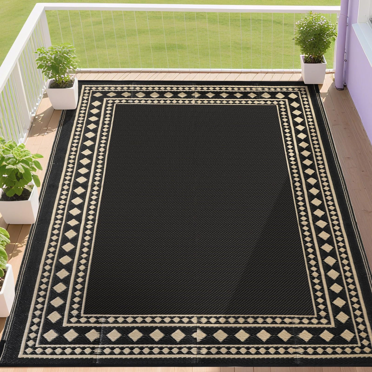 RURALITY Outdoor Rugs 8'x10' Waterproof for Patios Clearance,Plastic Straw Mats for RV, Camping,Backyard,Porch,Deck,Balcony,Reversible,Geometric