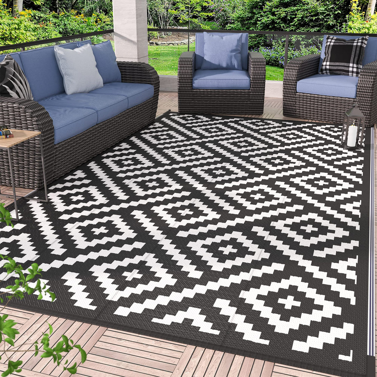 GENIMO Outdoor Rug, Waterproof Plastic Rugs for Patio, 5'x8' Black Grey