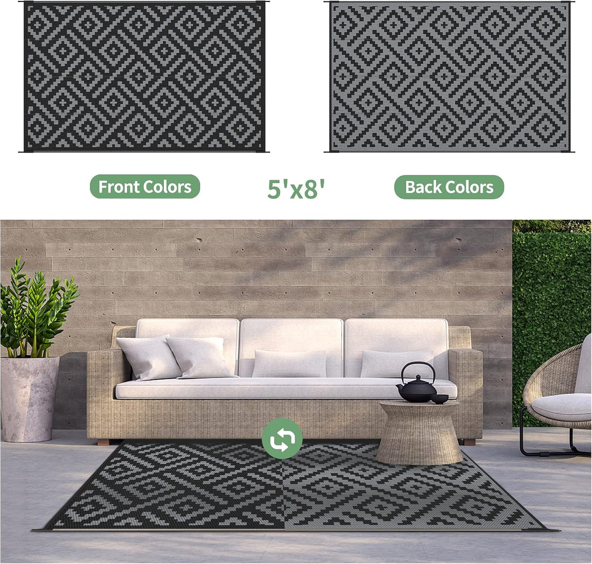 GENIMO Outdoor Rug, Waterproof Plastic Rugs for Patio, 5'x8' Black Grey