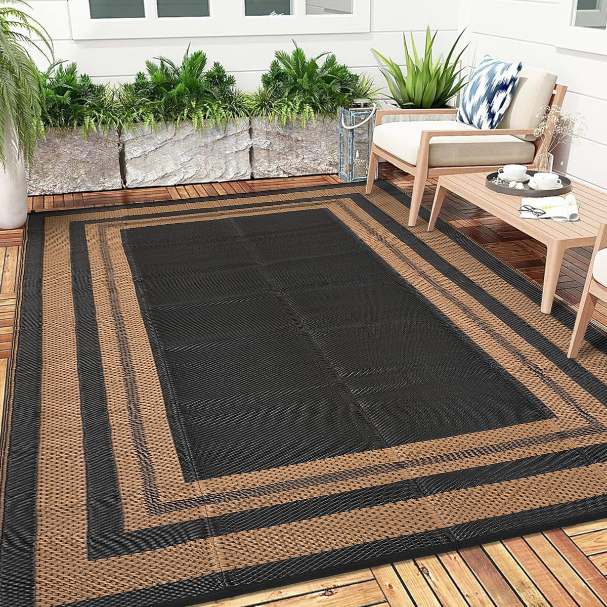 Garvee 9x12 Outdoor Patio Rug Plastic Straw Rug Waterproof Panel Grey Brown