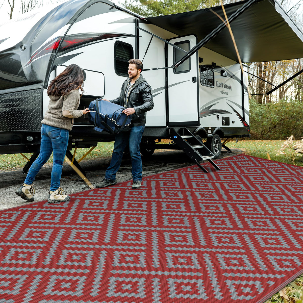 GENIMO Outdoor Rug, Waterproof Plastic Rugs for Patio, 5'x8' Black Grey