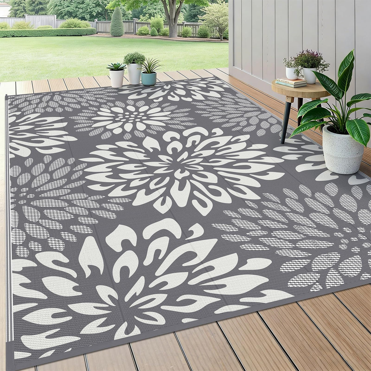 HEBE Waterproof Outdoor Rug 5'x8', Geometric Reversible Plastic Patio Rug