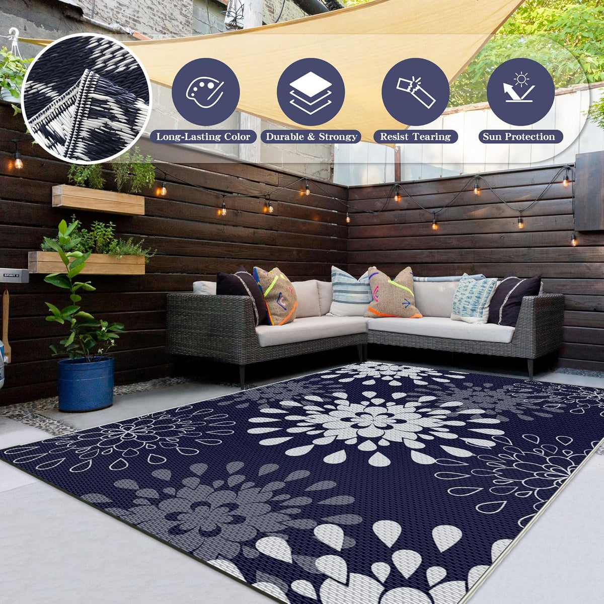 Wallona Outdoor Rug 8x10 ft, Flower Blue & White