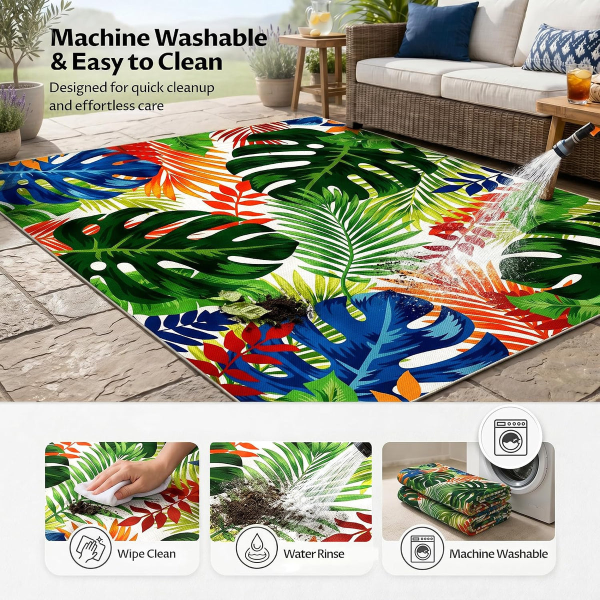 Arenarug 8x10 Monstera Tropical Outdoor Rug Waterproof, Colorful