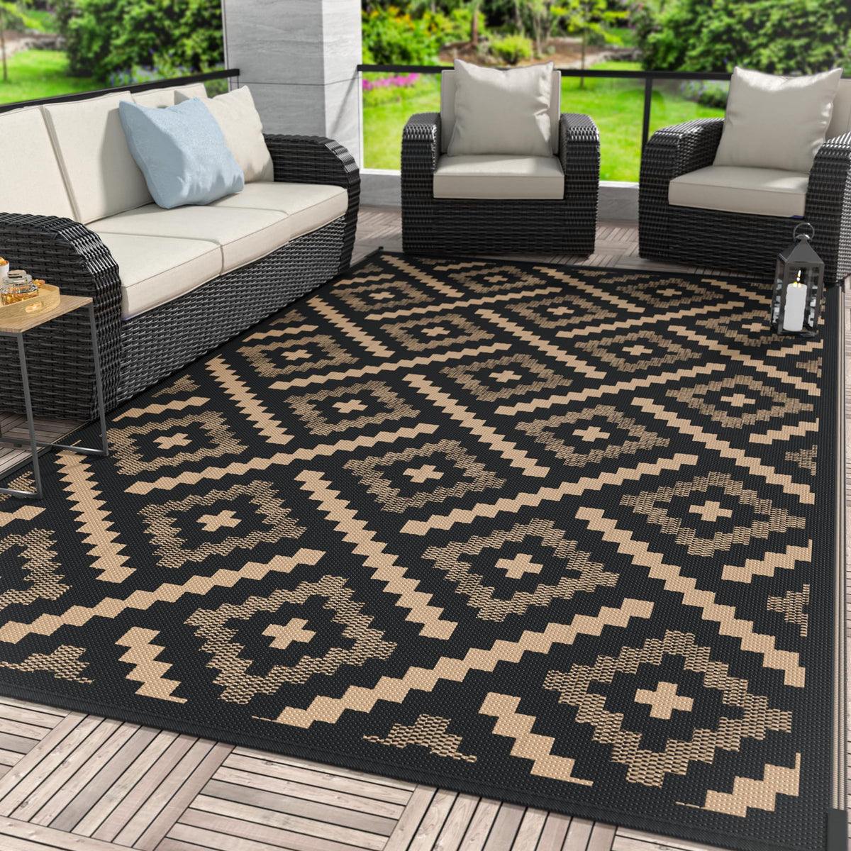 GENIMO Outdoor Rug, Waterproof Plastic Rugs for Patio, 5'x8' Black Grey