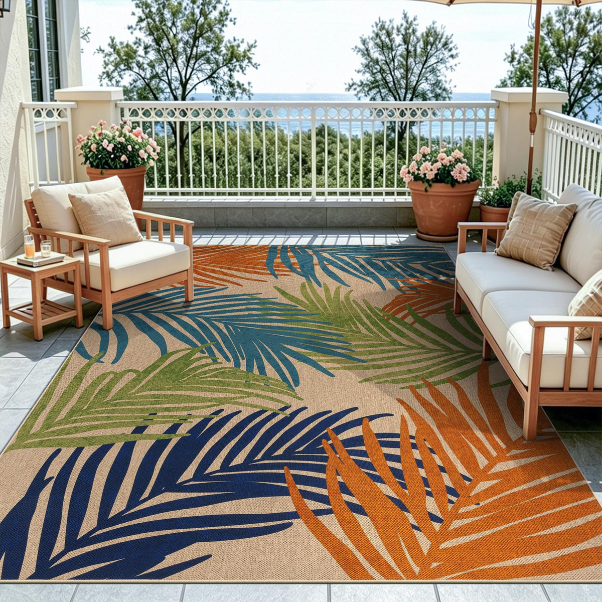 Pauwer Indoor Outdoor Area Rugs 6x9, Washbale Outdoor Patio Rug, Blue White