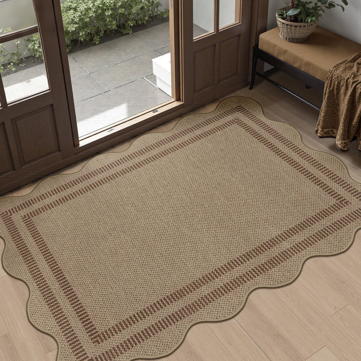 Scalloped Easy Jute 3x5 Front Door Mat, Washable Rugs for Entryway Black Outdoor Patio Rug, Farmhouse Neutral Non Slip Indoor Carpet for Porch Backyard