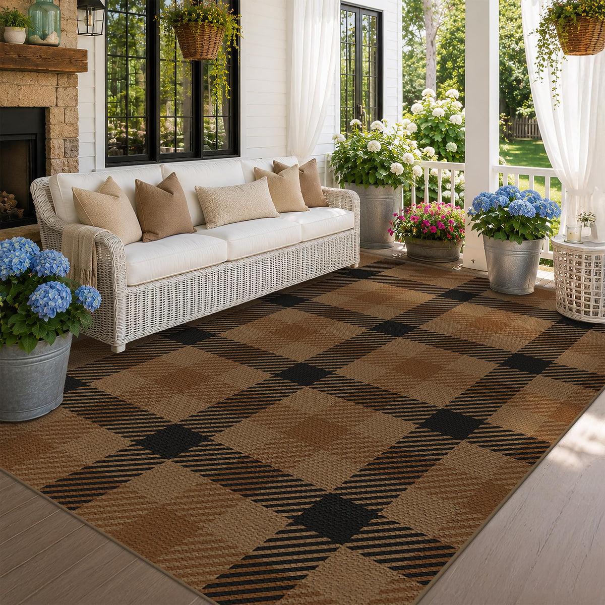 JTJ Easy Jute 3x5 Outdoor Rug for Front Porch, Washable Sage Green Plaid