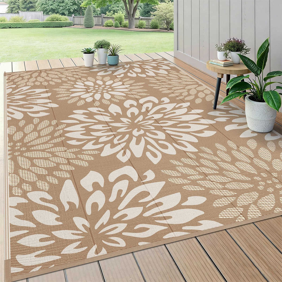 HEBE Waterproof Outdoor Rug 5'x8', Geometric Reversible Plastic Patio Rug