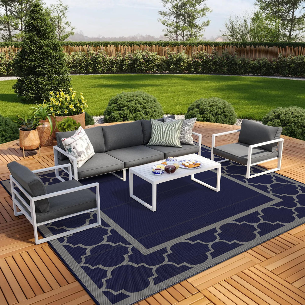 GENIMO Outdoor Rug, Waterproof Plastic Rugs for Patio, 5'x8' Blue White