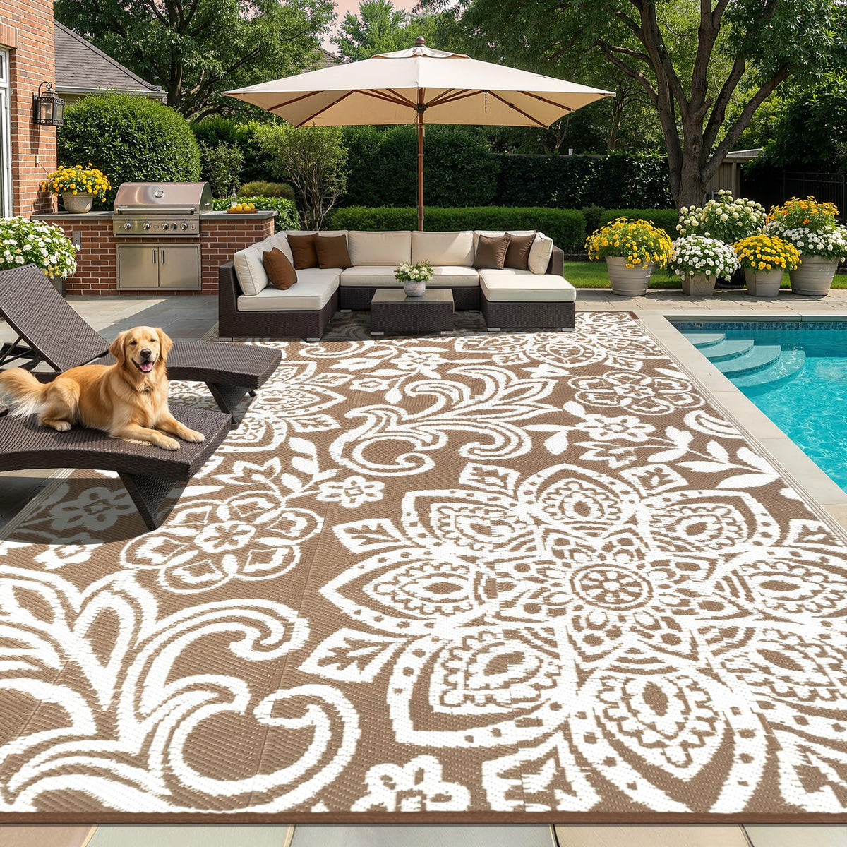 Findosom Waterproof Outdoor Rug 6' x 9' - Reversible Mandala Outdoor Plastic Straw Rug, Durable Foldable Patio Rug for RV, Deck, Balcony, Backyard, Picnic, Porch, Camping, Beach, Gray