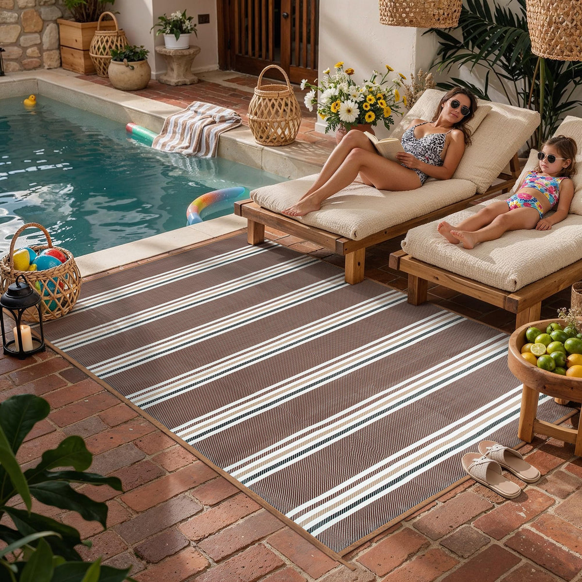 PureCozy 10x14 Outdoor Rug Black Beige Geometric