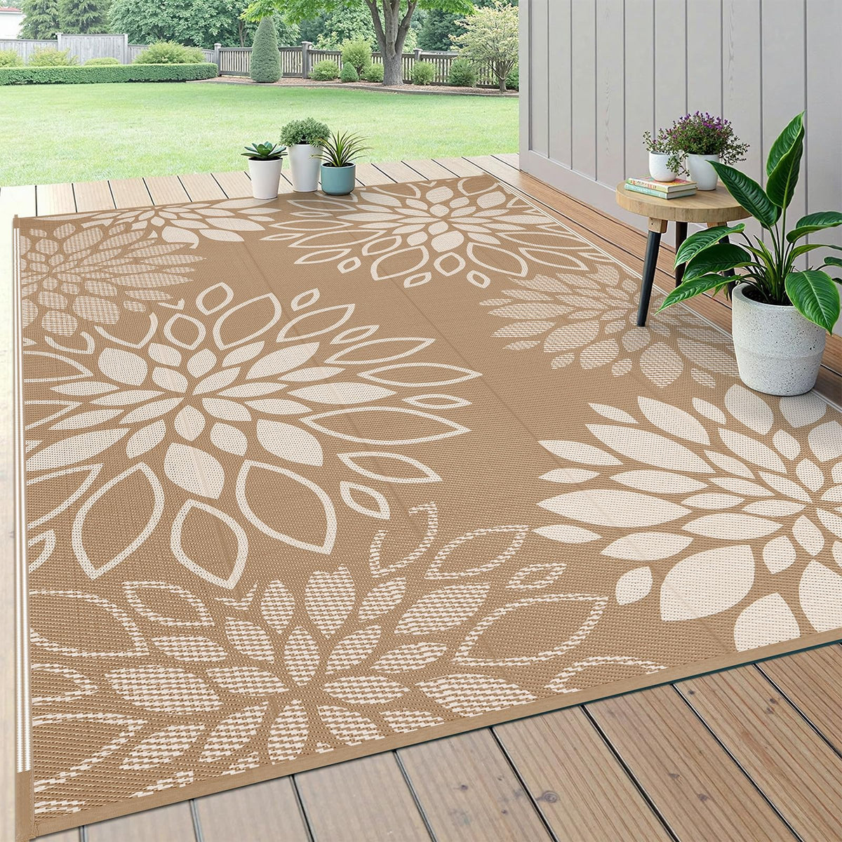 HEBE Waterproof Outdoor Rug 5'x8', Geometric Reversible Plastic Patio Rug