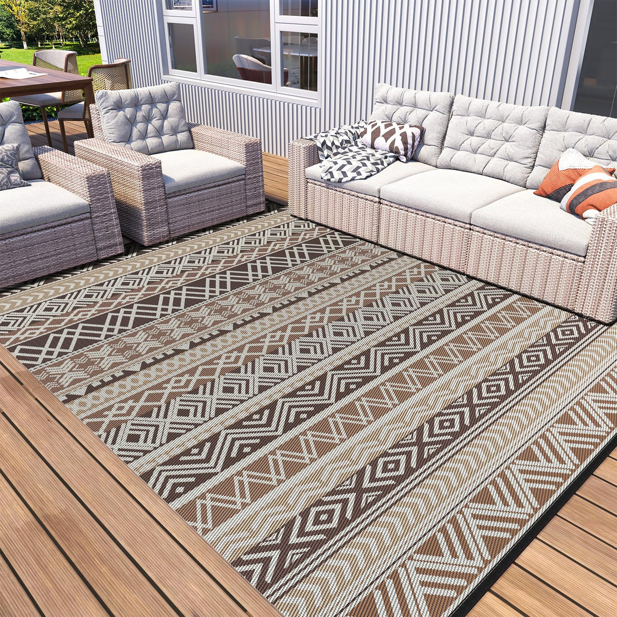 MontVoo Outdoor Rug Carpet Waterproof-Patio Rug Mat 5x8 Reversible RV Outdoor Camping Rugs Picnic Beach Mats Plastic Straw Outside Rugs for Balcony Porch Pool Deck Boho Patio Decor