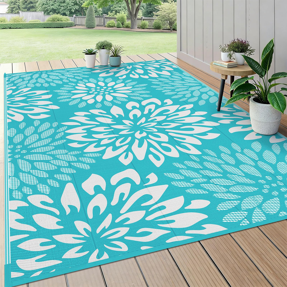 HEBE Waterproof Outdoor Rug 5'x8', Geometric Reversible Plastic Patio Rug