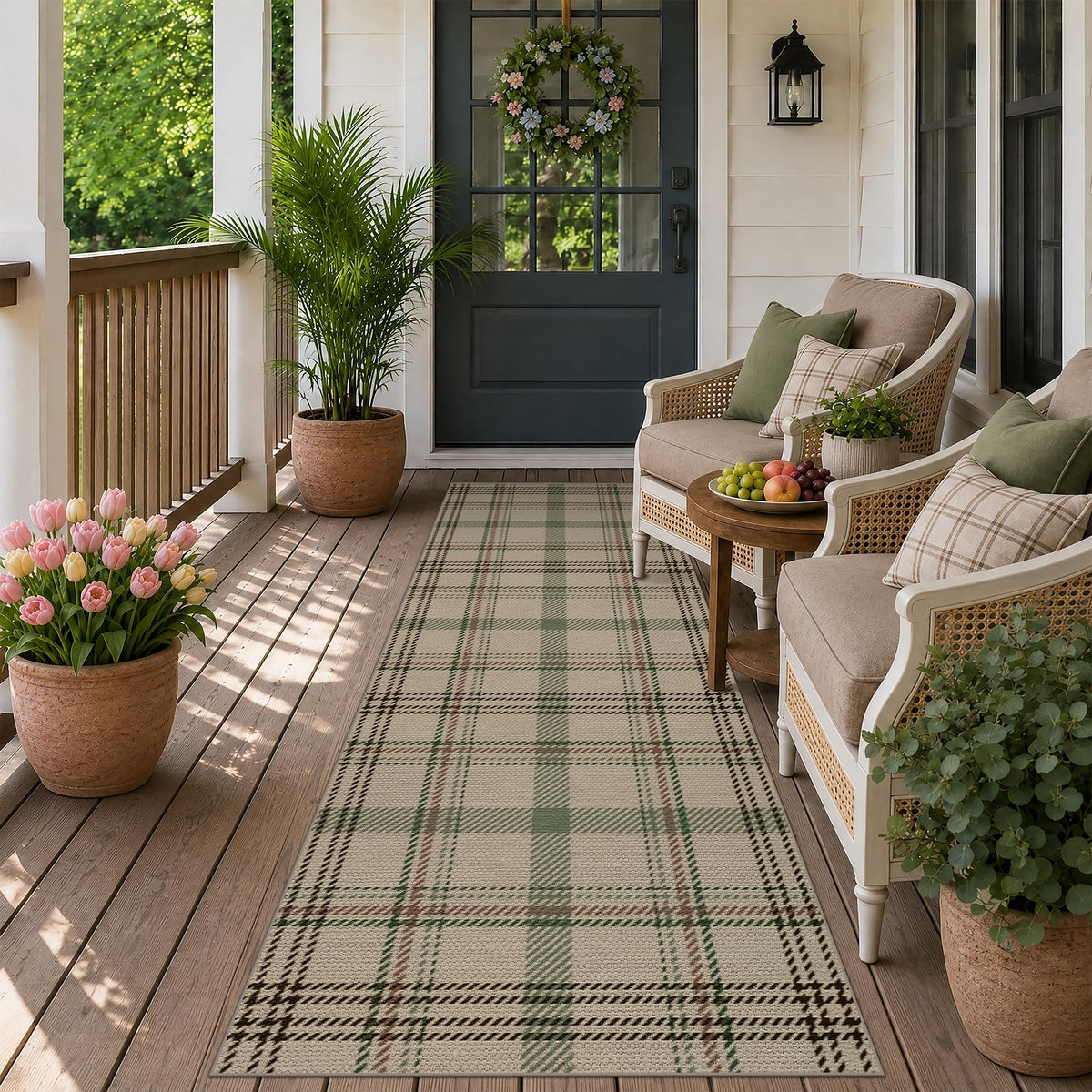 JTJ Easy Jute 3x5 Outdoor Rug for Front Porch, Washable Sage Green Plaid