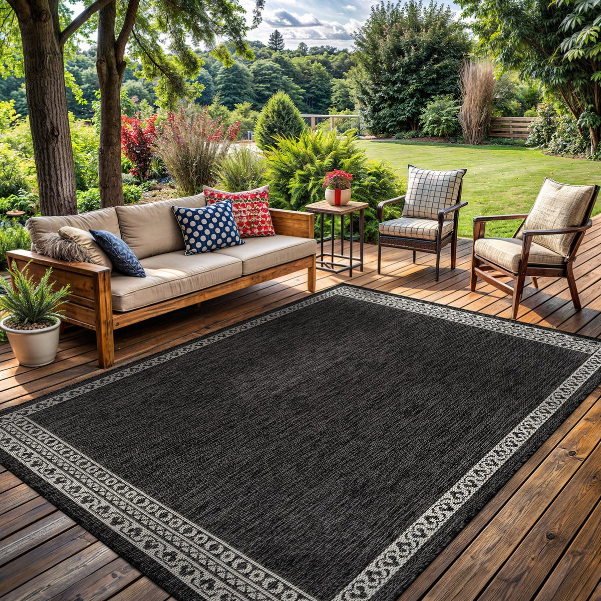 Washable Outdoor Rug 8x10 Modern Area Rugs Outdoor Carpets Bordered Pattern Non Shedding Waterproof Easy Clean Patio Deck Porch Living Room Bedroom Garden RV (8 X 10 Blue)