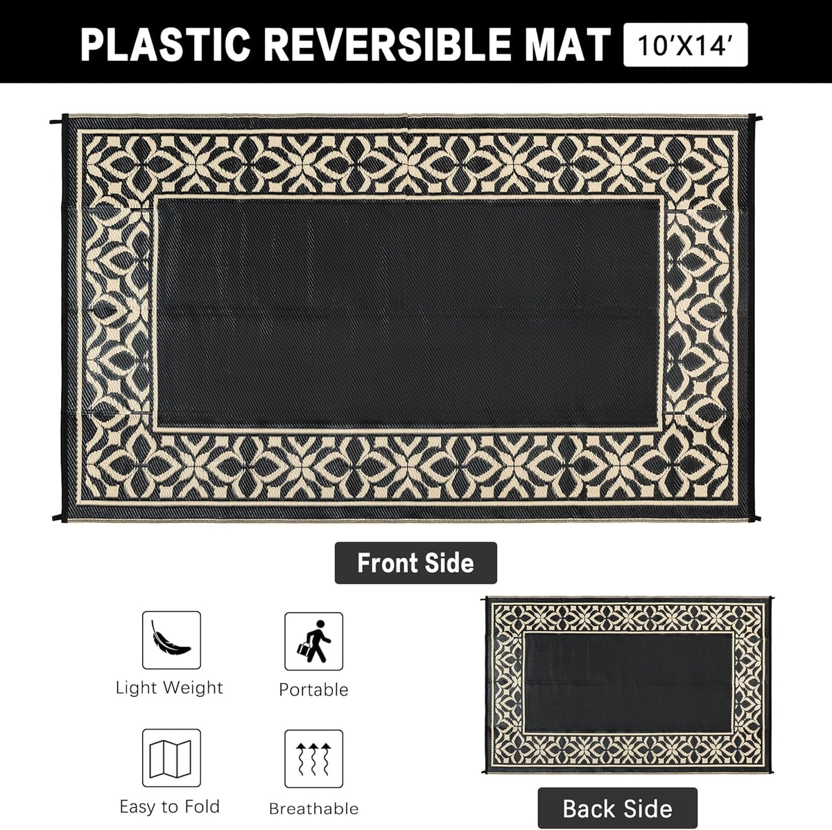 PureCozy 10x14 Outdoor Rug Black Beige Geometric