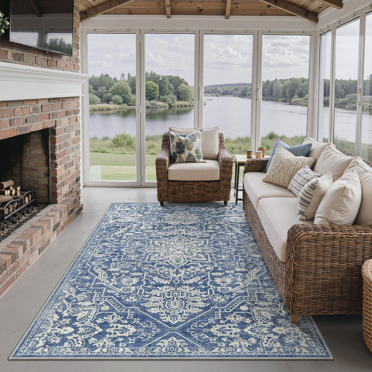 GENIMO 5x8 Outdoor Rug, Washable for Patio and Deck, Navy Blue & Ivory