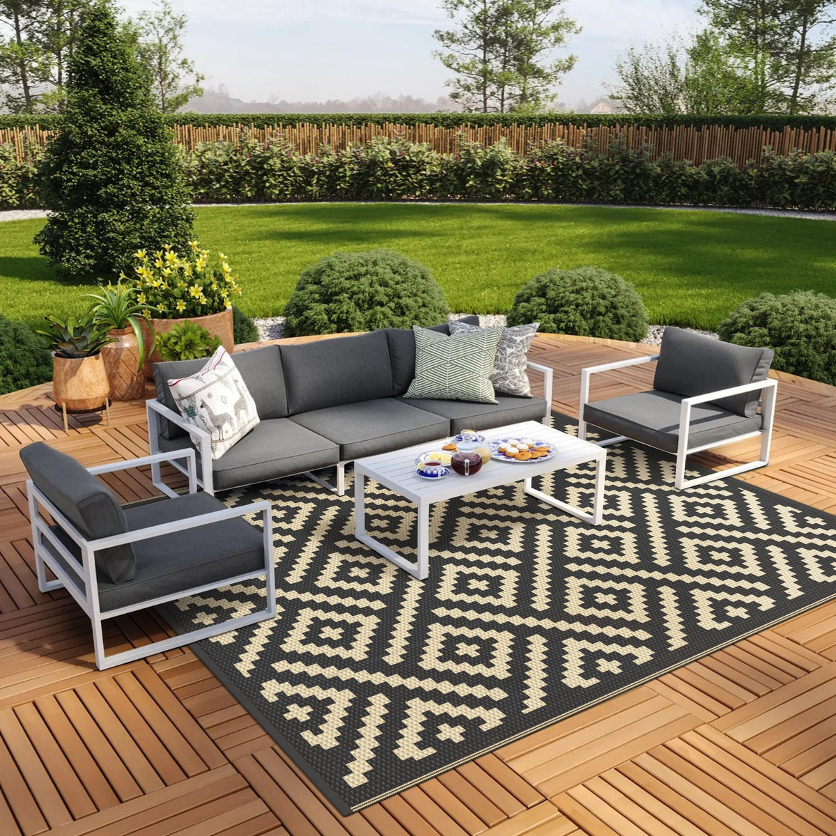 GENIMO Outdoor Rug, Waterproof Plastic Rugs for Patio, 5'x8' Black Grey