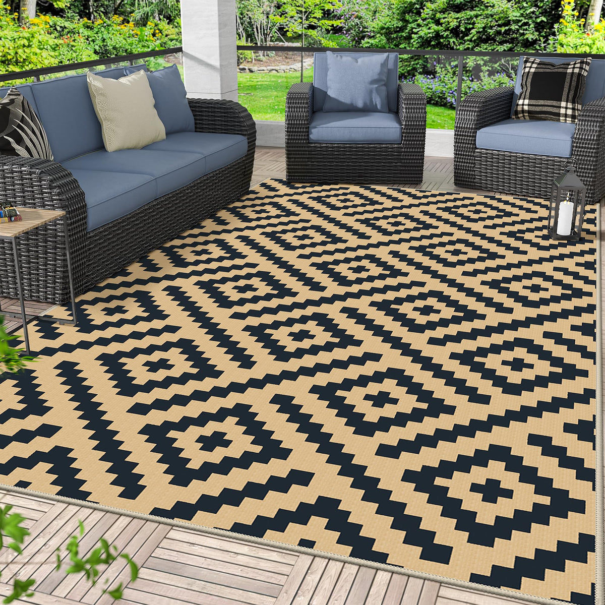 GENIMO Outdoor Rug, Waterproof Plastic Rugs for Patio, 5'x8' Black Grey