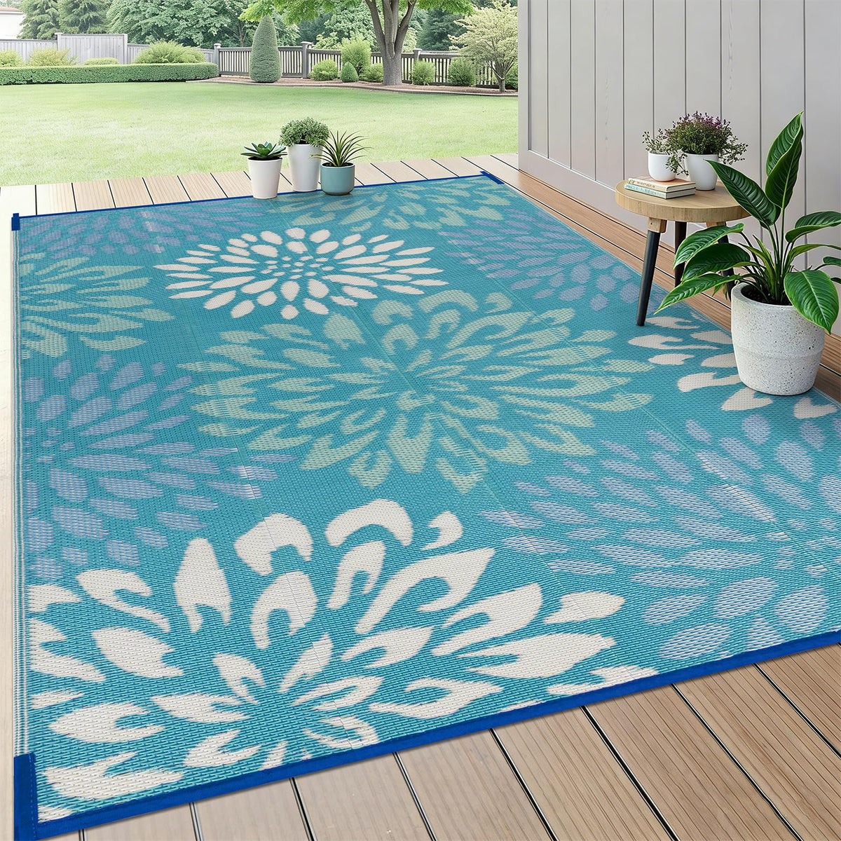 HEBE Waterproof Outdoor Rug 5'x8', Geometric Reversible Plastic Patio Rug