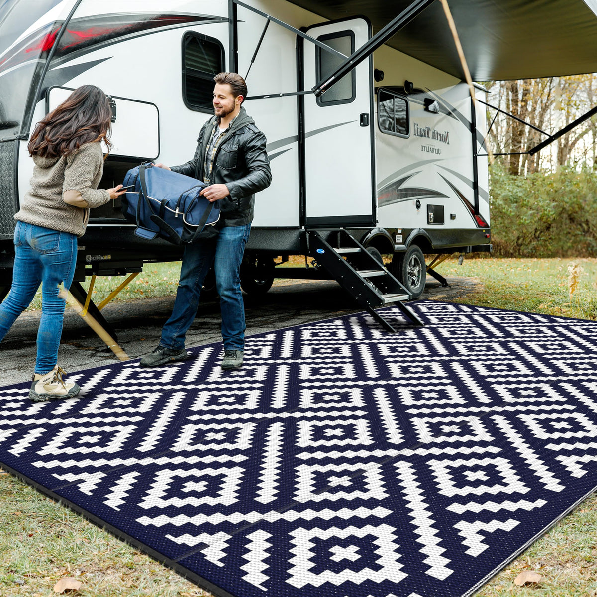 GENIMO Outdoor Rug, Waterproof Plastic Rugs for Patio, 5'x8' Black Grey