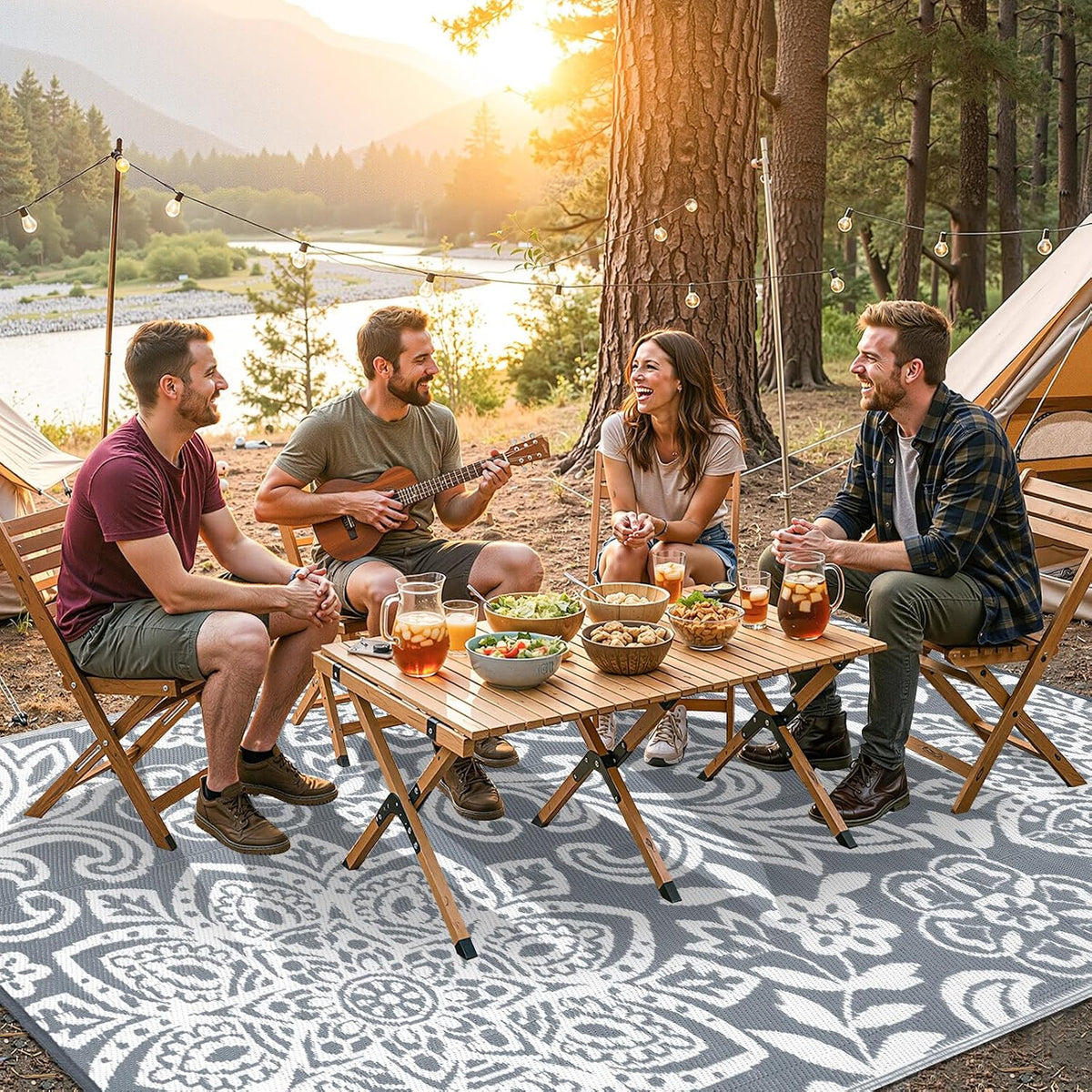 Findosom Waterproof Outdoor Rug 6' x 9' - Reversible Mandala Outdoor Plastic Straw Rug, Durable Foldable Patio Rug for RV, Deck, Balcony, Backyard, Picnic, Porch, Camping, Beach, Gray