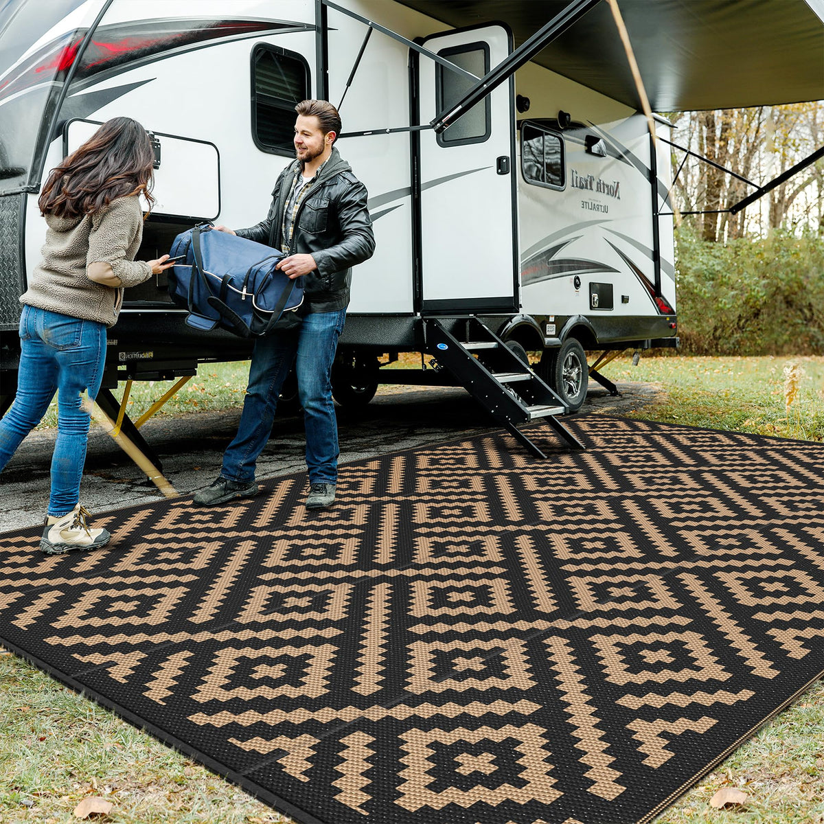 GENIMO Outdoor Rug, Waterproof Plastic Rugs for Patio, 5'x8' Black Grey