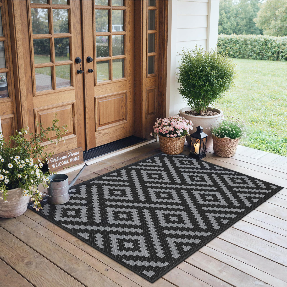GENIMO Outdoor Rug, Waterproof Plastic Rugs for Patio, 5'x8' Black Grey