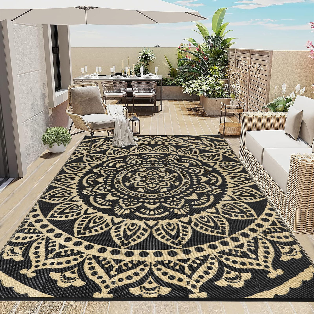 Bsmathom Waterproof Outdoor Rug 8'x10' Reversible Boho Plastic Straw Patio Deck Camping Rugs, Indoor Outdoor Portable RV Mat Clearance Carpet for Outside, Porch, Balcony, Backyard, Beach, Pool,Grey