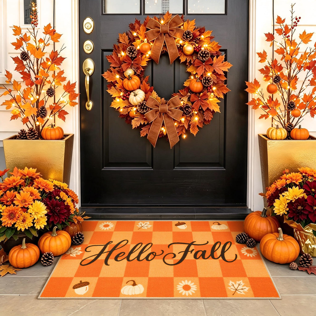 Fall Front Door Mat 3'x5', Hello Pumpkin Welcome Mat for Porch Rugs
