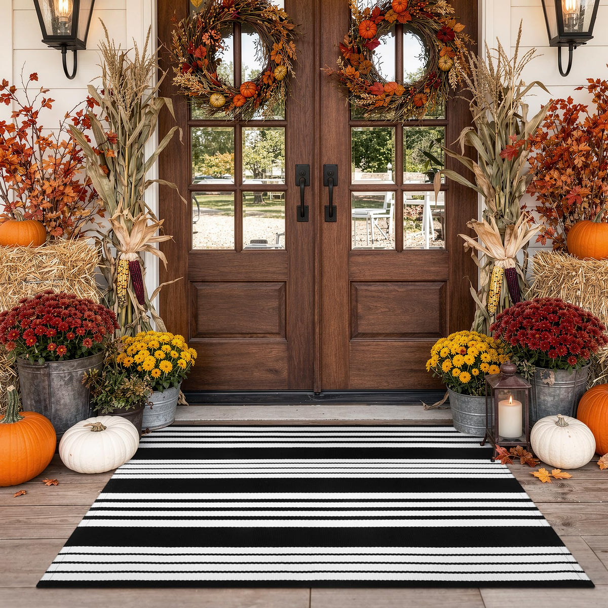 OJIA Outdoor Rug 3'x5', Black and Tan Patio Rugs Fall Door Mat Outside