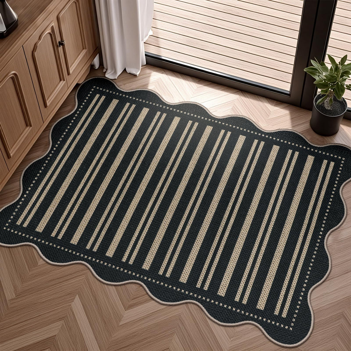 Scalloped Easy Jute 3x5 Front Door Mat, Washable Rugs for Entryway Black Outdoor Patio Rug, Farmhouse Neutral Non Slip Indoor Carpet for Porch Backyard