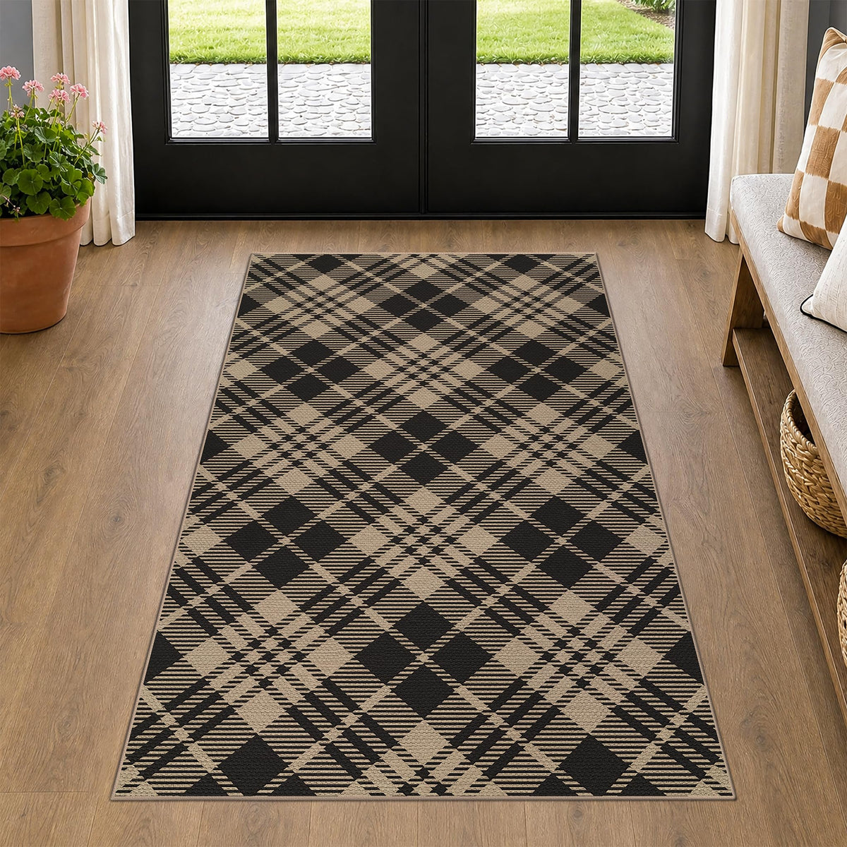JTJ Easy Jute 3x5 Outdoor Rug for Front Porch, Washable Sage Green Plaid